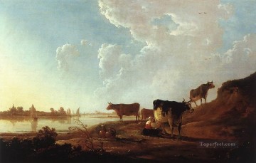  Woman Painting - River Scene With Milking Woman countryside painter Aelbert Cuyp